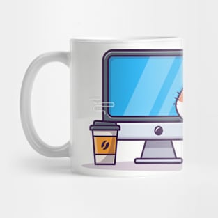 Cute Cat With Computer And Coffee Mug